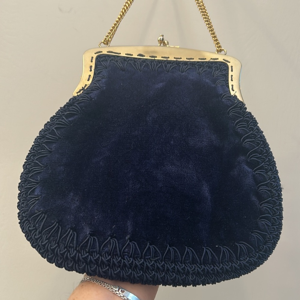 Blue Velvet Handbag Made in Italy Gold Chain Strap Italian Opera Purse - Picture 10 of 10
